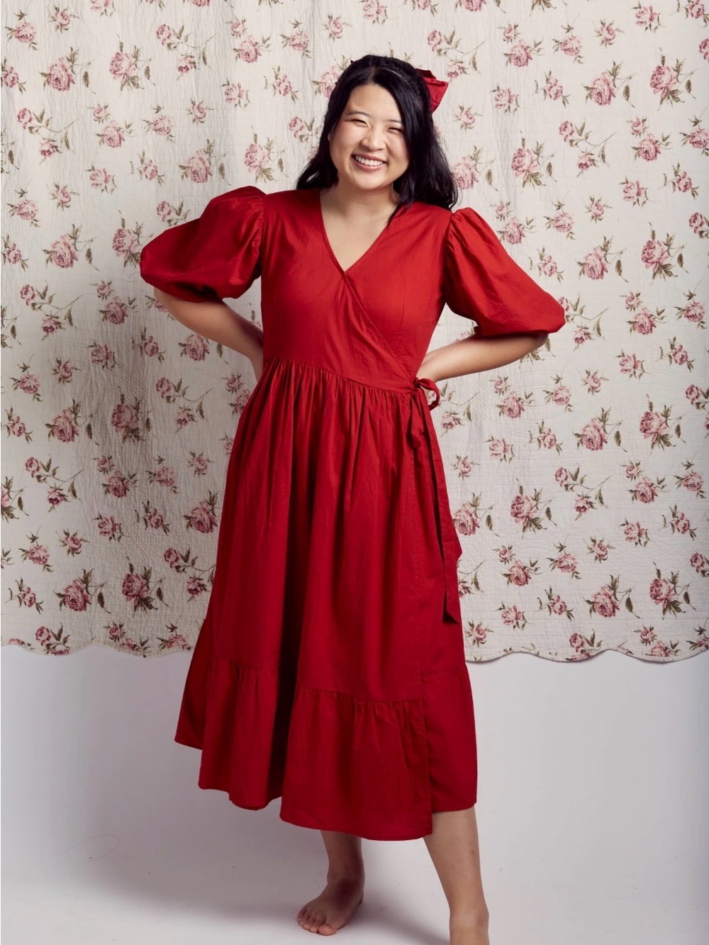 Red Puff-Sleeve Wrap Midi Dress with Side Tie